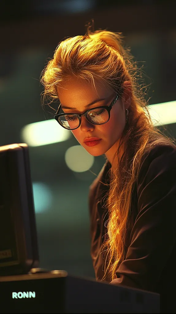A young woman with long, flowing red hair and black-framed glasses looks down at something out of frame. She is wearing a dark jacket and her face is illuminated by a soft light. The background is blurred, suggesting a dimly lit room or a night scene. The woman's serious expression and focused gaze suggest she is engrossed in her task.  The image captures a moment of quiet concentration.