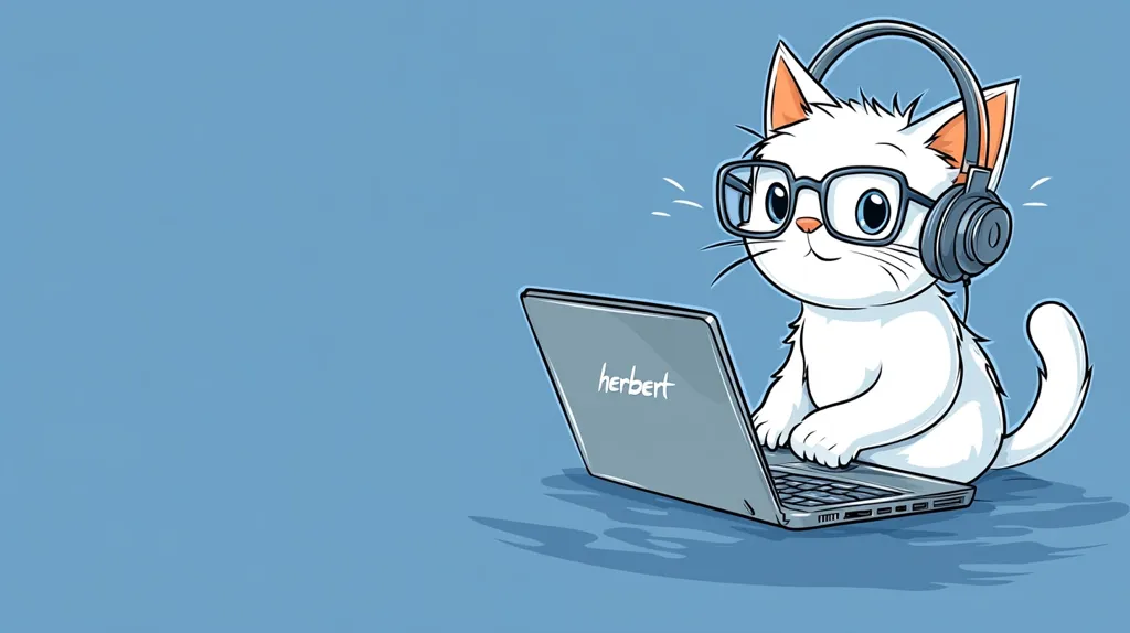 A cartoon white cat wearing headphones and glasses is sitting in front of a laptop. The cat has a serious expression on its face and is typing on the keyboard. The laptop has the word "Herbert" written on the lid. The background is a light blue color. The cat appears to be working on a task and has a focused demeanor.