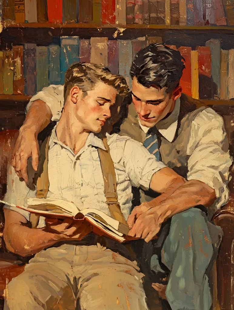 Two young men are sitting together on a leather couch in front of a bookshelf. The man on the left is wearing a white shirt with suspenders and is reading a book. The man on the right is wearing a white shirt with a tie and has his arm around the other man's shoulder. The painting depicts a scene of intimacy and companionship. The warm tones and soft lighting create a cozy and intimate atmosphere. The bookshelf in the background adds a sense of intellectualism and sophistication to the scene. The painting is a celebration of love and connection.