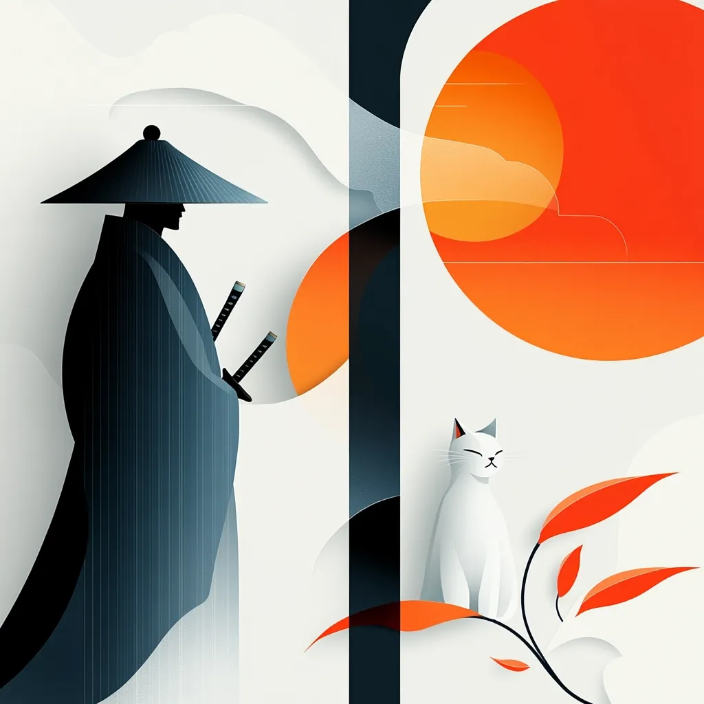 The image is a minimalist illustration of a Japanese scene. On the left side, a samurai with a wide brimmed hat stands holding two swords, silhouetted against a partially visible orange sun. A thick black line separates the two sides. On the right side, a white cat sits on a branch of orange leaves, gazing at the viewer. The background is a light, almost white, color.  The image is a graphic and modern interpretation of a traditional Japanese scene.