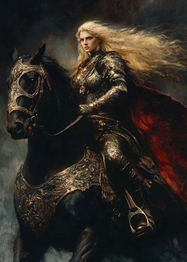 A woman with long flowing blonde hair rides a black horse. She is dressed in ornate golden armor and a red cape. The horse is also adorned with intricate golden designs. The painting is set against a dark, stormy background. The woman's determined expression and the powerful pose of the horse suggest a sense of strength and courage. The overall atmosphere of the painting is dramatic and epic.