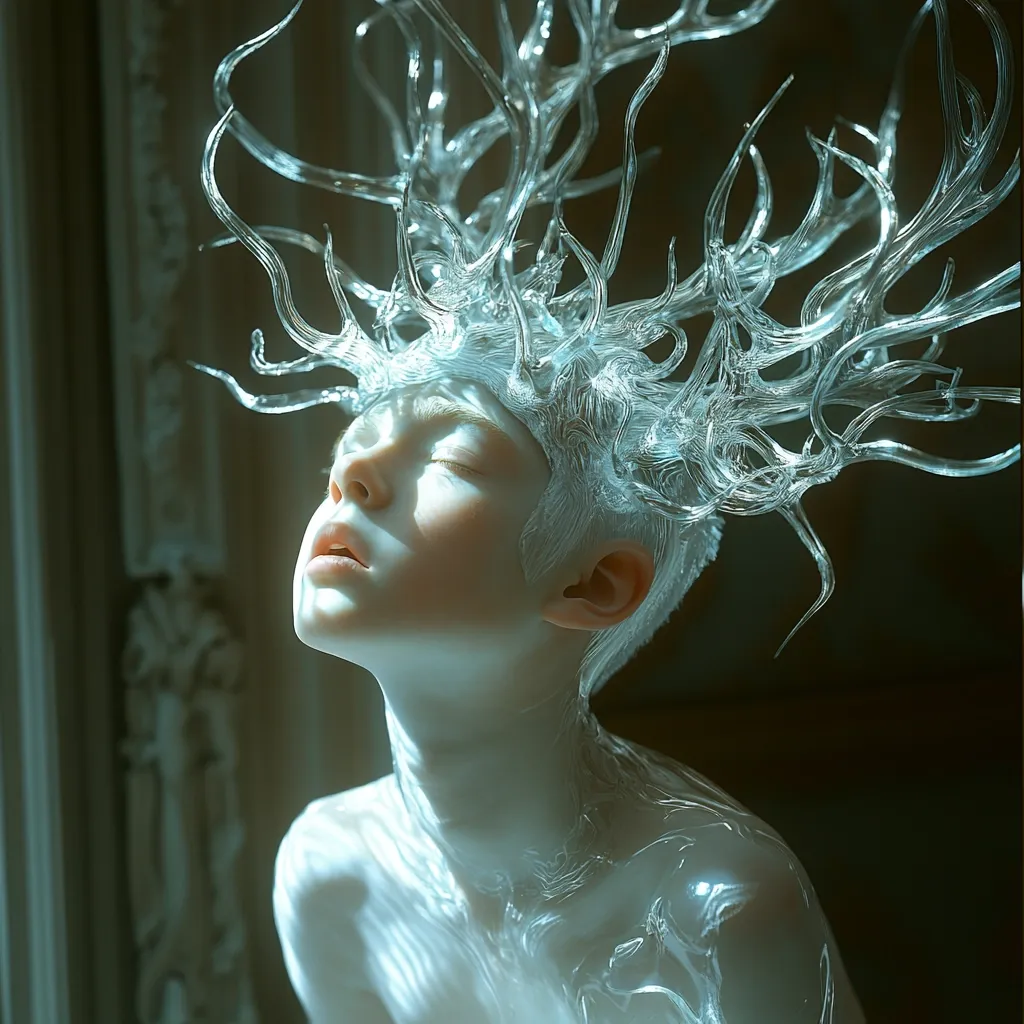 A person with white skin and hair is adorned with a crown of delicate, translucent antlers. Their eyes are closed, and their face is tilted upwards, suggesting a state of reverie or spiritual connection. The antlers are intricately detailed, resembling a network of branching veins or nerves, adding to the ethereal and mystical atmosphere. The image evokes a sense of beauty, fragility, and otherworldly presence.