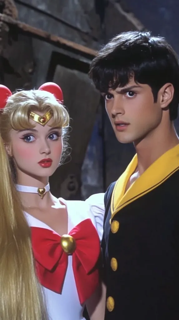 The image shows a young woman dressed as Sailor Moon, with long blonde hair, a white sailor-style top with a red bow, a gold tiara, and a choker. She is standing next to a young man with dark hair, wearing a black jacket with gold trim and buttons, and a yellow undershirt. They are standing in front of a dark, rustic background. The woman looks at the camera, while the man looks slightly away.  The image seems to be a fan-made recreation of the Sailor Moon series.
