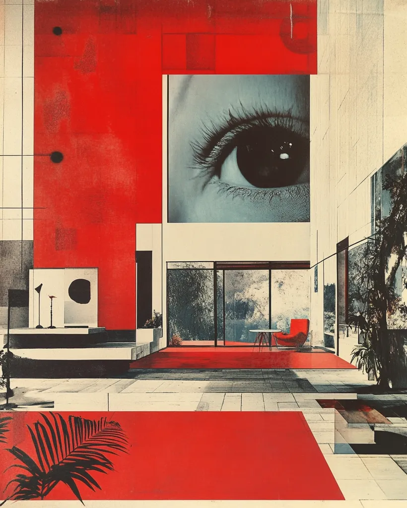 The image is a collage depicting a modern interior space. A large, close-up image of a woman's eye dominates the top half, set against a red wall. The eye gazes out towards a room with a red rug, a red armchair, and a glass door leading to a patio. The lower half of the image is filled with a red carpet and a palm frond. The composition creates a sense of voyeurism and intimacy, with the eye as a focal point drawing the viewer into the scene.  The use of contrasting colors and textures adds to the surreal and fragmented nature of the collage.