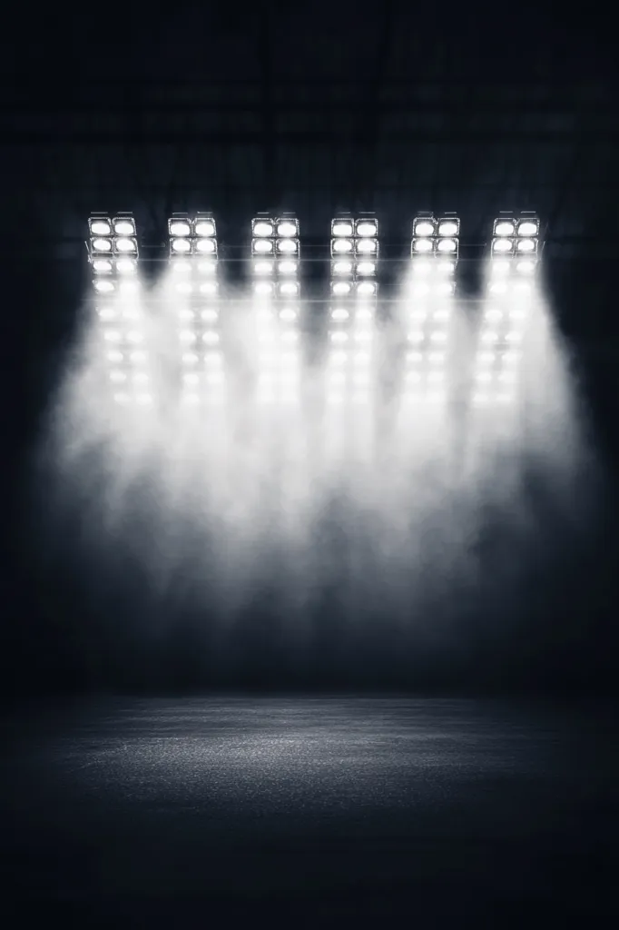 The image is a dark, empty stage illuminated by five rows of bright spotlights. The light from the spotlights creates a dramatic effect, casting long shadows and highlighting the texture of the concrete floor. The atmosphere is mysterious and cinematic, suggesting a performance or event about to begin. The overall effect is one of anticipation and excitement.