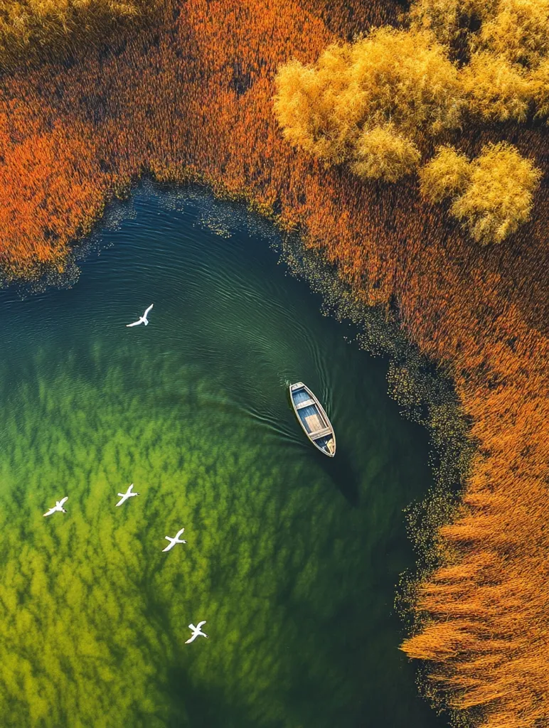The image shows a small wooden boat traveling down a tranquil, green river. The river is bordered on one side by a lush, golden-brown reed bed, which contrasts sharply with the vibrant green water. A few white birds fly overhead, adding to the serene atmosphere. The image is captured from a bird's-eye view, providing a unique perspective on the natural beauty of the scene.