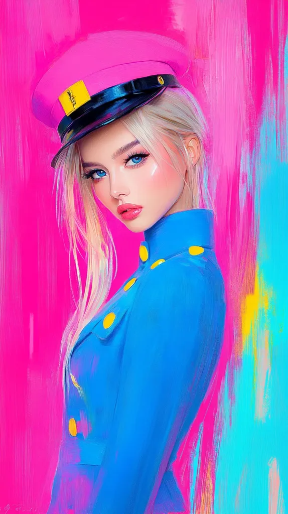 A young woman with long blonde hair is wearing a pink and black cap and a bright blue blazer. She is looking to the side, her expression is serious. The background is a vibrant mix of pink and blue brush strokes, creating a dynamic and modern aesthetic. The image captures a sense of confidence and individuality.