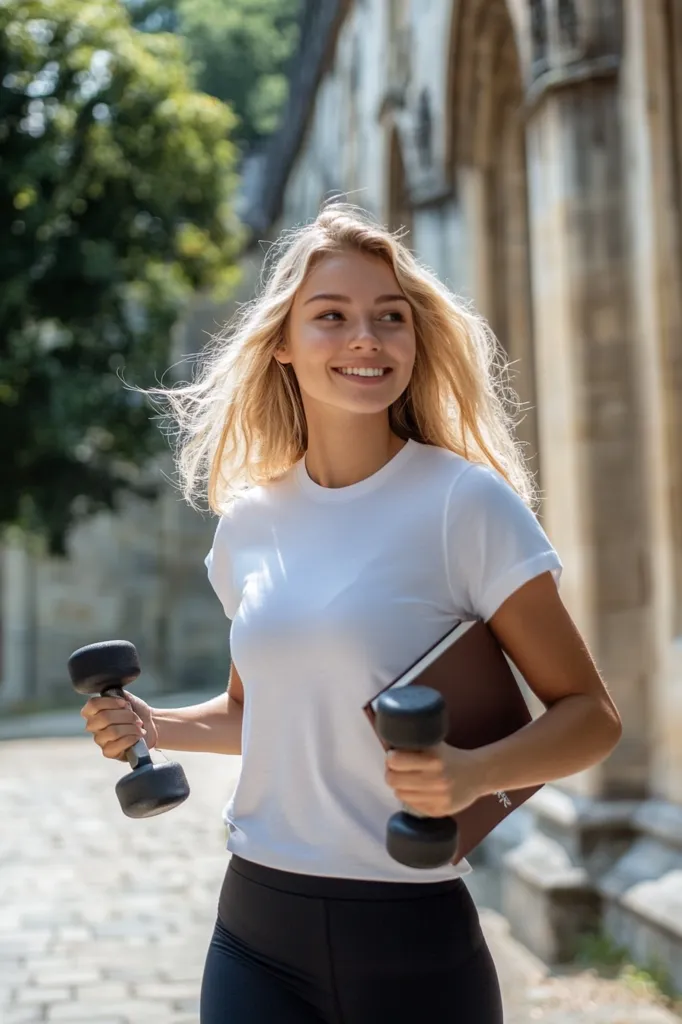 A young woman with long blonde hair walks down a stone path,  holding a book and a dumbbell in each hand. She is smiling and looking to the side. She is wearing a white t-shirt and black leggings. The background is out of focus, but you can see the stone facade of a building. The overall tone of the image is one of health and fitness.