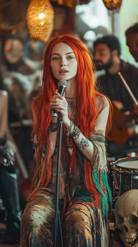 A woman with long, bright red hair is singing into a microphone. She is wearing a colorful, bohemian-style outfit and has a skull on the table beside her. She is performing in a dimly lit room with other musicians in the background. She appears to be enjoying herself and is fully immersed in the music.