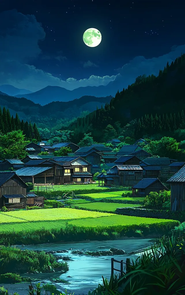 A peaceful scene of a small village nestled among lush green hills under a bright moonlit sky.  The village is made up of quaint wooden houses with traditional Japanese architecture. The houses are surrounded by fields of rice paddy and a winding river flows through the valley, reflecting the moonlight.  The scene evokes a sense of tranquility and serenity, with a touch of mystery under the soft glow of the moon.
