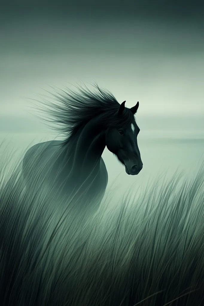 A black horse with a flowing mane runs through a field of tall grass. The horse is partially obscured by the grass, and the background is a muted green. The horse's head is turned to the side, and its eyes are closed. The image has a sense of mystery and serenity.