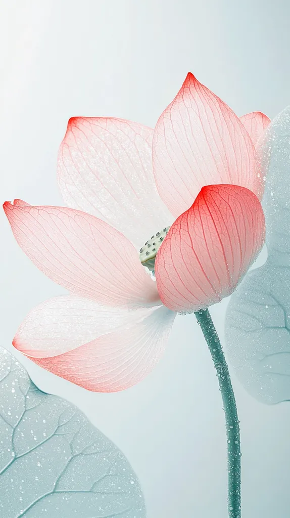 A delicate pink lotus flower with delicate veins on its petals stands against a soft blue background.  The flower is slightly out of focus, creating a soft and ethereal look.  The image is simple and elegant, evoking a sense of peace and tranquility.  Drops of water can be seen on the stem and leaves, adding a touch of freshness.