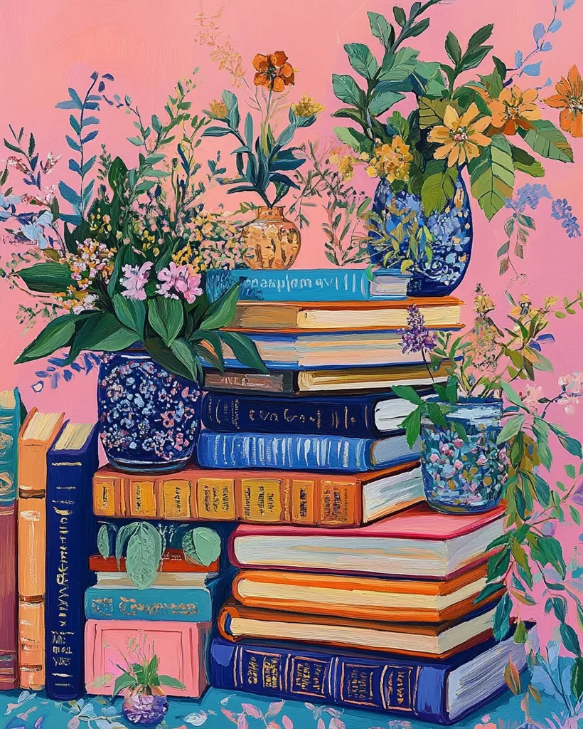 A vibrant painting features a stack of books against a pink background. Two vases, one blue and one brown, hold colorful flowers, including orange, yellow, and pink blooms. The scene is full of life and detail, capturing the beauty of both nature and literature. The books are stacked neatly, their spines visible, with each one slightly different in color and design. The flowers cascade down from the vases, creating a sense of movement and vibrancy. The overall effect is one of joy and celebration, suggesting the joy of reading and the beauty of nature.