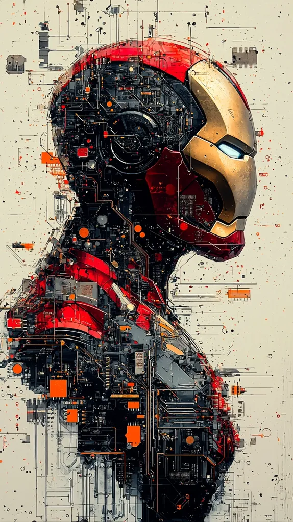 The image is a digital art piece that depicts Iron Man's helmet as a complex circuit board. The helmet is made up of a network of wires, chips, and other electronic components. The background is a faded off-white with a splatter effect. The overall effect is a futuristic and abstract portrayal of Iron Man.