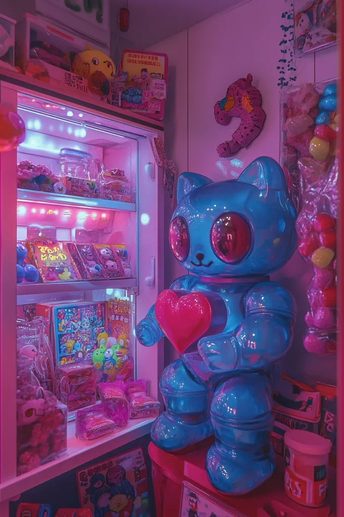 The image shows a bright and colorful scene with a large blue robot-like figure holding a pink heart. The robot is standing in front of a glass cabinet filled with an assortment of brightly colored toys and candy.  The cabinet is illuminated by pink and blue lights, creating a vibrant and whimsical atmosphere. The background is a pastel pink wall with other colorful decorations, further enhancing the playful and vibrant theme.  The image is a blend of nostalgia and futuristic aesthetics.