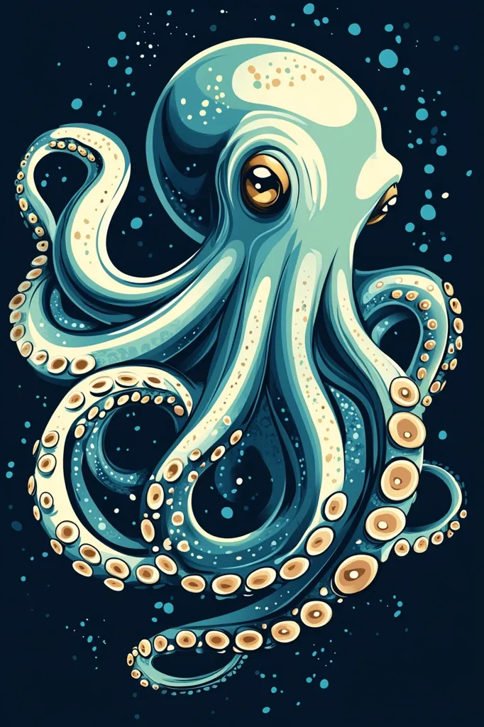 The image is a digital illustration of a blue octopus with yellow eyes and golden dots on its tentacles. The octopus is swimming in a dark blue water, with small white dots scattered around it. The octopus's head is turned to the right, and its tentacles are curled and flowing, creating a dynamic and swirling composition. The image is stylized and abstract, with bold colors and lines. It evokes a sense of mystery and depth.