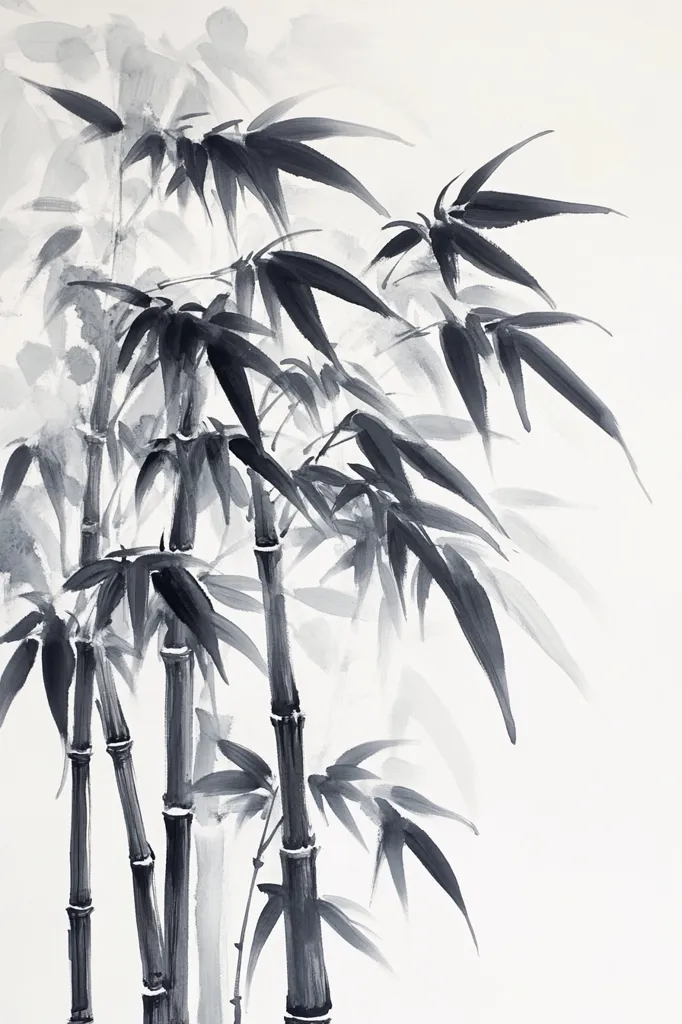 The image depicts a traditional Japanese ink painting of bamboo stalks and leaves. The artist uses black ink and washes to create a sense of movement and texture. The bamboo stalks are depicted as strong and resilient, while the leaves are delicate and flowing. The painting evokes a sense of peace and tranquility. The background is a light wash of gray, which creates a sense of depth. The image is a beautiful and evocative example of Japanese art.