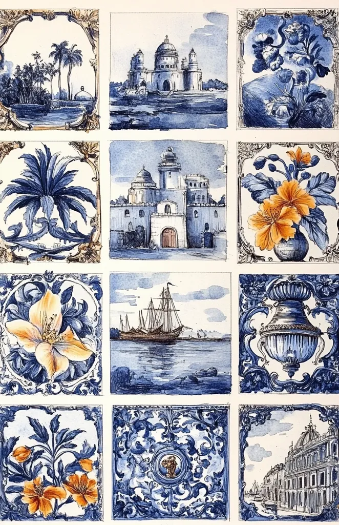 This image is a collection of nine blue and white tiles. The tiles depict various scenes, including palm trees, a fort, a ship, flowers, and a building. The tiles are arranged in a grid pattern and have intricate floral and geometric designs. The artwork is reminiscent of traditional Portuguese or Dutch tile patterns, showcasing the beauty of blue and white ceramic art.