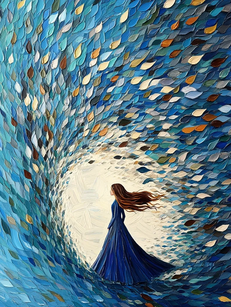The painting depicts a woman in a blue dress standing in a swirling mass of blue, teal, and brown teardrop shapes.  The woman’s long brown hair blows in the wind, creating a sense of movement. The background appears to be a storm, or perhaps a wave, with the woman standing on a white, almost glowing, path.  The use of bold colors and thick brushstrokes creates a vibrant and textured feel.  The overall impression is one of beauty, energy, and mystery.