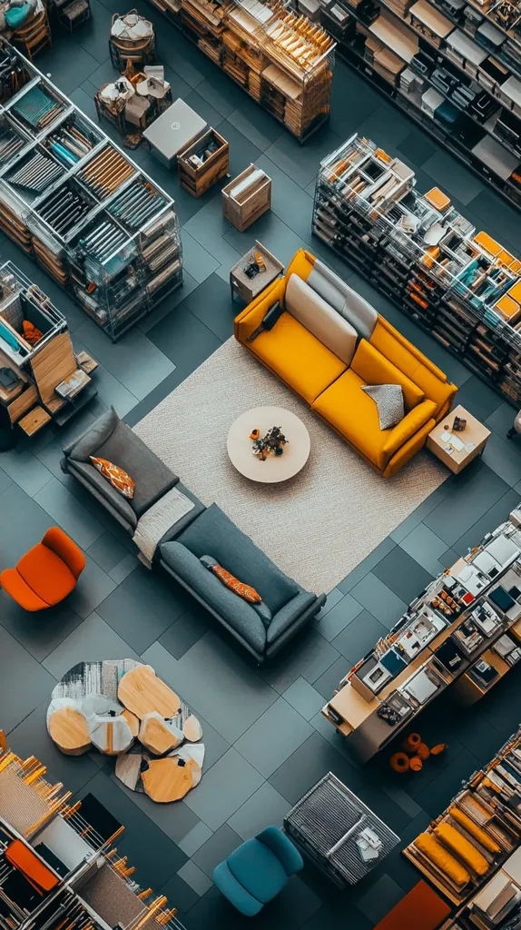 The image shows a contemporary, minimalist interior design with a focus on open spaces and clean lines. Two grey sofas are placed on a cream rug facing a bright yellow sofa.  A coffee table sits between the grey sofas.  The room is surrounded by shelving units filled with various items, giving the impression of a store or showroom.  The flooring is tiled in a dark grey.  The overall feel is modern and sleek.
