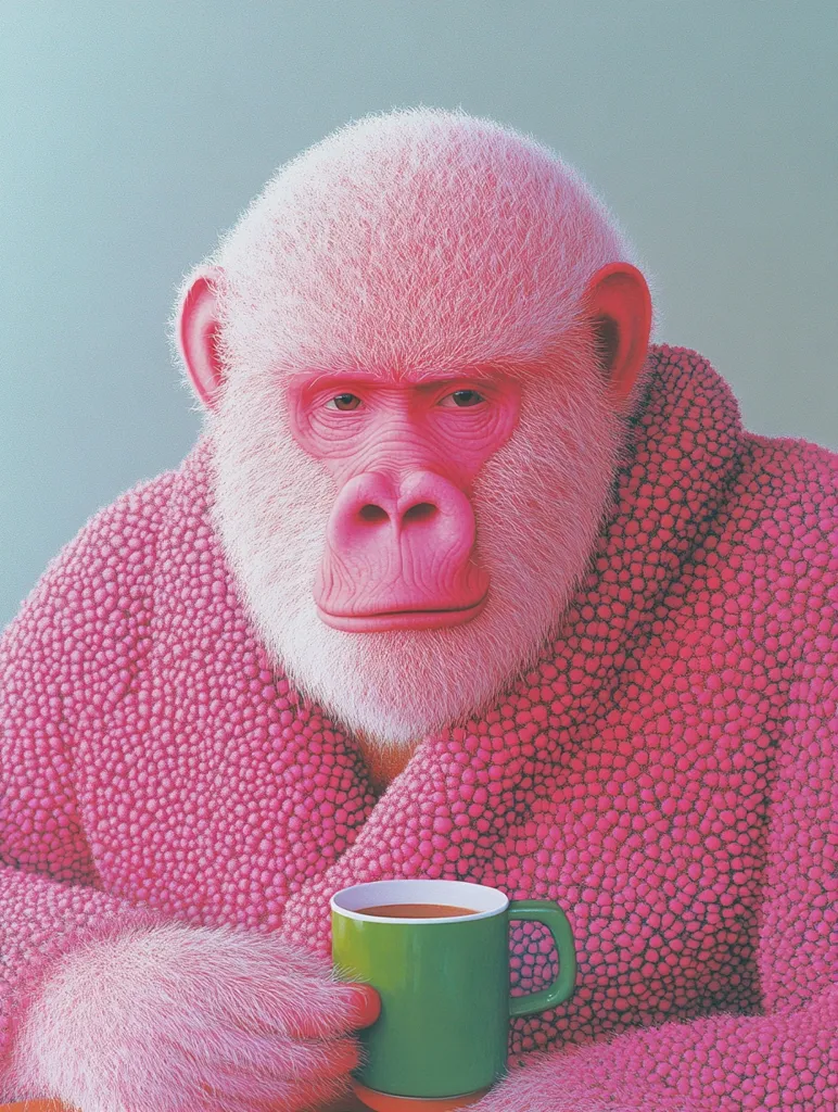 A pink gorilla, wearing a fuzzy pink robe, sits and holds a green mug of tea. The gorilla has a serious expression and its fur is very detailed. The background is a light blue. The image is humorous and surreal.