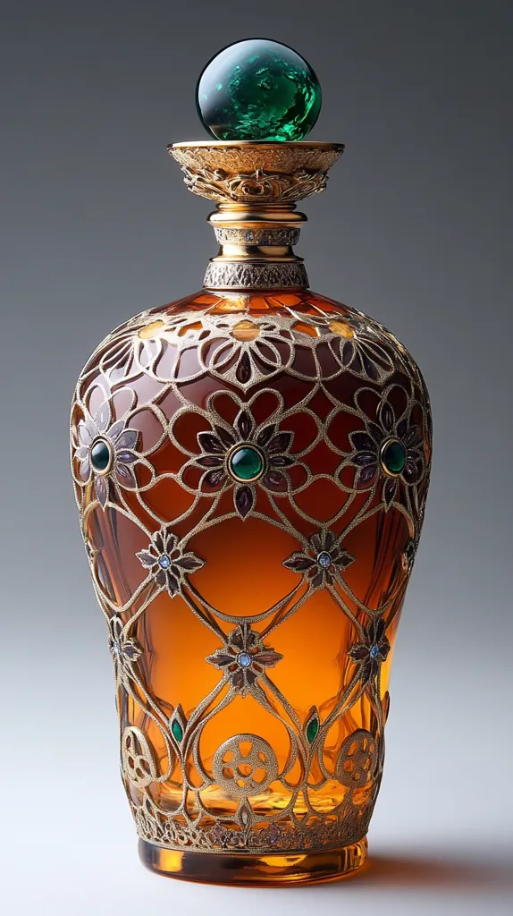 The image shows a beautiful and ornate glass decanter. It is amber-colored and adorned with intricate gold filigree that creates a delicate latticework pattern.  Green and blue gemstones are embedded within the design, adding pops of vibrant color. The stopper is a large, green gemstone, adding to the overall opulence and elegance of the piece. It's a striking example of fine craftsmanship.