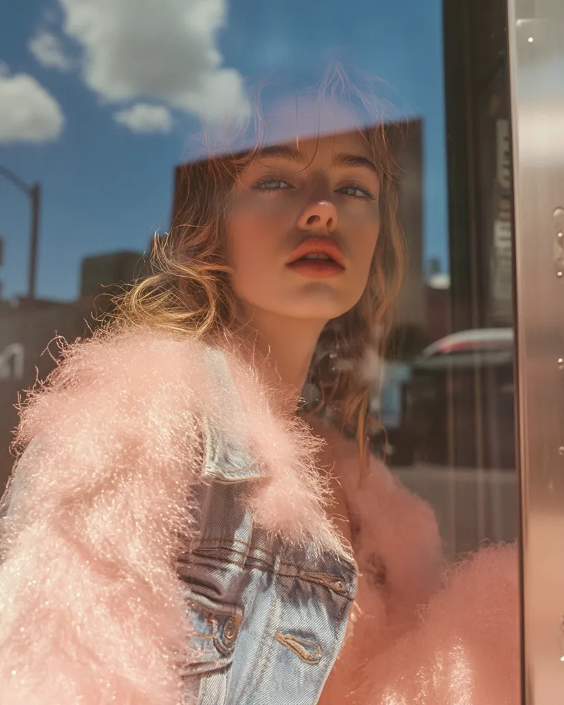 A young woman with long brown hair is looking at the camera. She is wearing a denim jacket with a pink fluffy collar. She is standing in front of a glass door, and the sky can be seen through the glass. The image has a vintage, dreamy aesthetic.