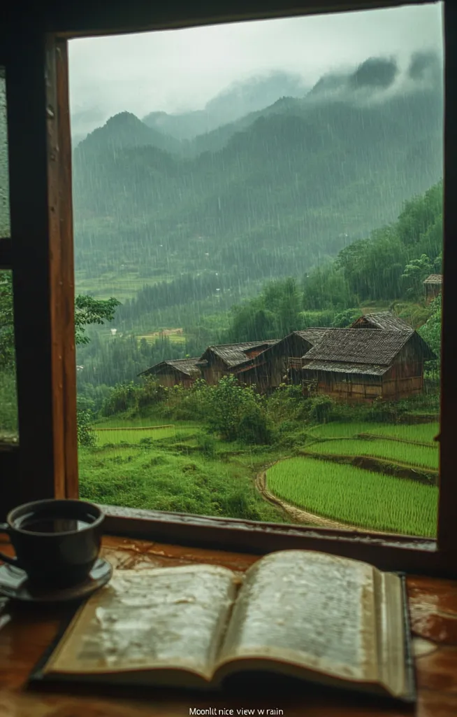 A wooden window frame reveals a picturesque view of a lush green valley. Rain falls softly, creating a misty atmosphere over the rolling hills and a cluster of houses nestled amidst the foliage. The scene is captured from a cozy interior, with a cup of coffee and an open book resting on a wooden surface. The image evokes a sense of tranquility and peace, inviting the viewer to imagine the warmth and comfort of the moment.