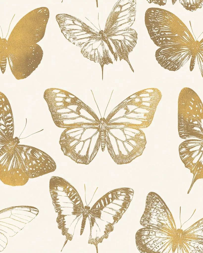 The image features a pattern of golden butterflies against a white background. The butterflies are depicted in a realistic style, with intricate details on their wings. The gold metallic finish adds a touch of elegance and sophistication to the design.  The arrangement of the butterflies creates a sense of movement and whimsy.