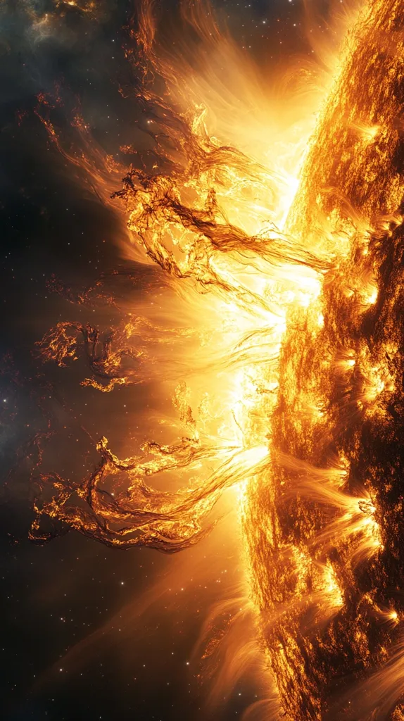 The image depicts a fiery celestial object, possibly a star or a supernova, radiating intense light and heat. The object is surrounded by swirling, glowing gas and dust, creating a dramatic display of cosmic energy. The scene is set against a backdrop of a dark, star-studded sky. The image evokes a sense of power, awe, and the vastness of the universe.