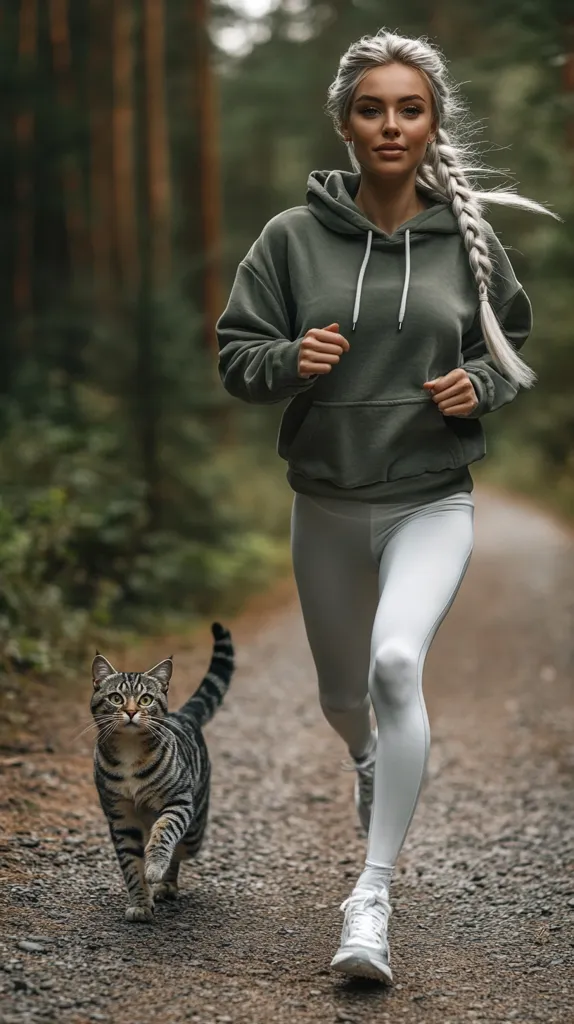 A young woman with long blonde hair, wearing a grey hoodie and white leggings, is running along a gravel path in a forest. She is looking straight ahead, with a determined expression on her face. A tabby cat is running towards her,  following her on the path. The scene is peaceful and serene, with the sunlight filtering through the trees.