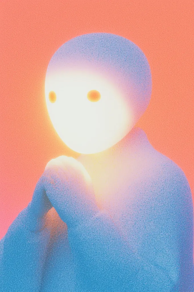 The image features a 3D rendered, abstract figure resembling a person. It has a large, white head with two small, yellow eyes. Its body is a soft, blue-grey color, and it's bent over with its hands clasped in front of its face. The background is a gentle peach color. The image has a soft, dreamlike quality and evokes a sense of calmness and contemplation.