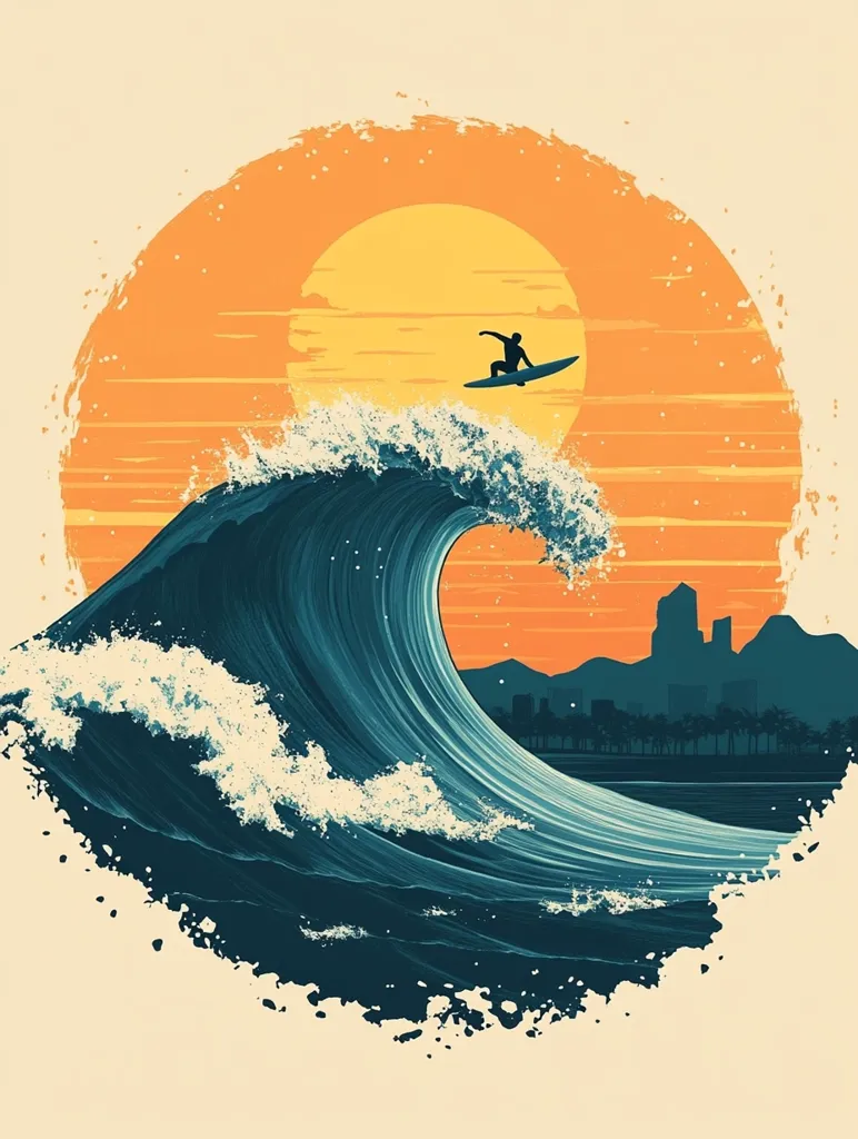 The image depicts a surfer riding a giant wave at sunset. The wave is a deep blue with white foam, and the sun is a bright orange. The surfer is a black silhouette against the orange sky. The background shows a cityscape and palm trees, which are also silhouetted. The overall effect is one of peace and tranquility. The image has a vintage, artistic feel to it.