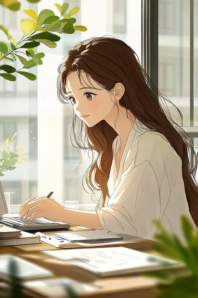 The image depicts a young woman with long brown hair, wearing a white shirt, sitting at a desk and typing on a laptop. She is looking down at her work, with a gentle smile on her face. The setting is a bright and airy room with a window in the background, allowing natural light to illuminate the scene. There are papers and books on the desk, suggesting that she is working on a project. The overall atmosphere is calm and focused, with a touch of warmth and serenity.