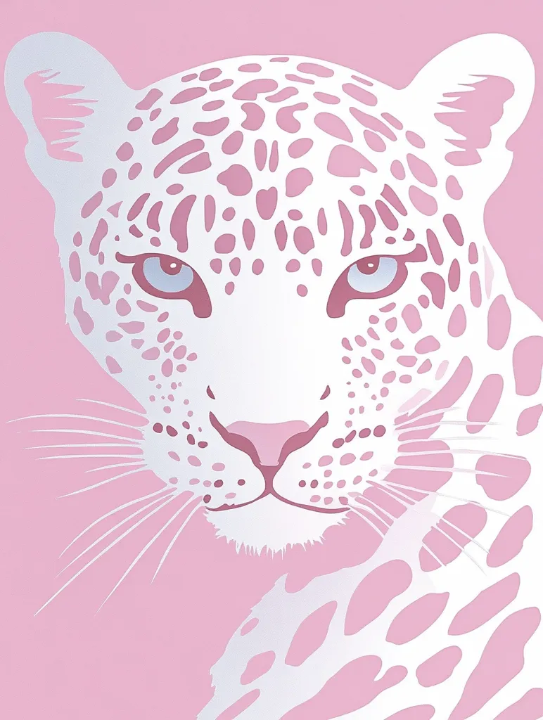 The image shows a close-up of a white leopard's face, with pink spots. Its blue eyes are looking directly at the viewer. The leopard is set against a pale pink background. The image is stylized and has a graphic feel. The sharp lines and contrasting colors make it a bold statement piece.  The image is likely a print or illustration rather than a photograph.