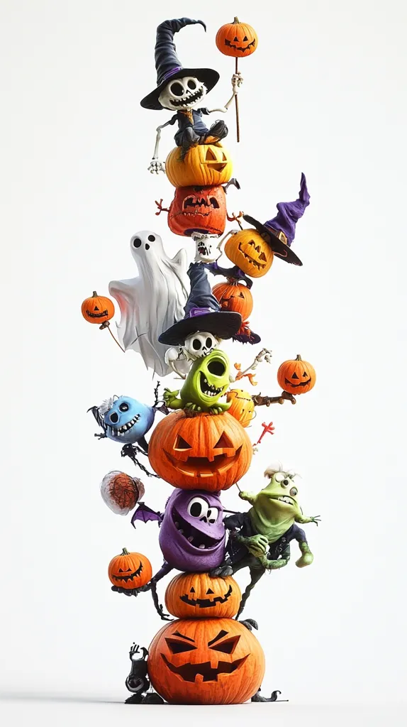 A tower of jack-o'-lanterns, each with a unique and spooky face, is stacked high. On top sits a skeleton wearing a witch's hat, holding a small jack-o'-lantern on a stick. Other Halloween characters, including a ghost, a witch, and a monster, are perched on the pumpkins, creating a festive and whimsical Halloween scene. The white background highlights the vibrant colors of the pumpkins and characters.