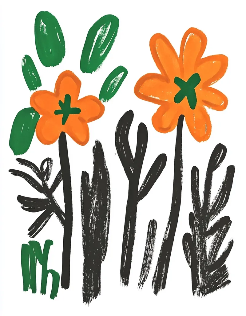 A stylized illustration of a garden with two orange flowers, black stems, and green leaves. The flowers are simple, with six petals and a green center. The leaves are also simple, with jagged edges. The stems are thick and black, and the leaves are green with a textured look. The overall style of the image is simple and playful, with a focus on bold colors and shapes.
