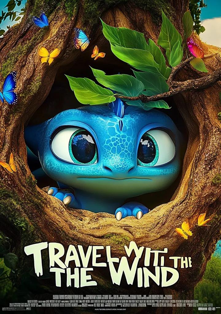 A blue dragon with large, curious eyes peeks out from behind a thick tree trunk.  Green leaves and colorful butterflies surround the dragon, hinting at a fantastical setting.  The title "Travel with the Wind" suggests a story of adventure and freedom. The image evokes a sense of wonder and whimsy, inviting viewers into a magical world.