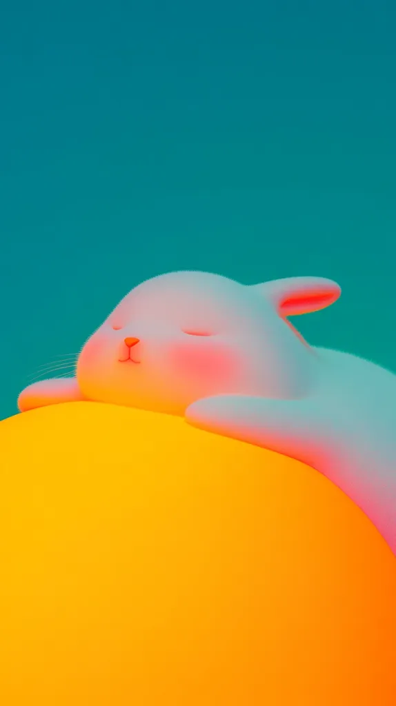 A white, cartoon bunny with its eyes closed is sleeping on a bright yellow, round object. The bunny’s ears are floppy and its body is plump. The background is a solid, bright teal blue. The image has a simple, minimalist design with a soft, whimsical feel.