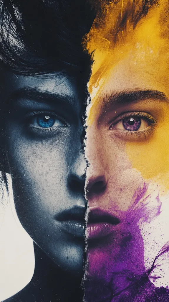 The image shows a split face, with one side painted in cool, dark tones and the other in warm, vibrant hues. The left side features a deep blue eye, while the right eye is a captivating purple. The image creates a striking contrast between the two halves, representing duality and opposing forces. The focus is on the eyes, emphasizing the differences and similarities between the two personas. The background features abstract paint splatters, adding to the artistic and surreal atmosphere.