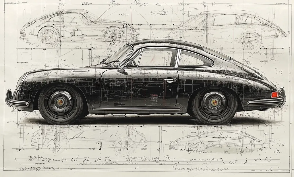 A black Porsche 911 is depicted in a detailed drawing style. The car is shown in profile view, with a focus on its sleek lines and classic design. The background is filled with technical drawings and notes, suggesting a process of design and engineering. The artwork creates a sense of both beauty and precision.
