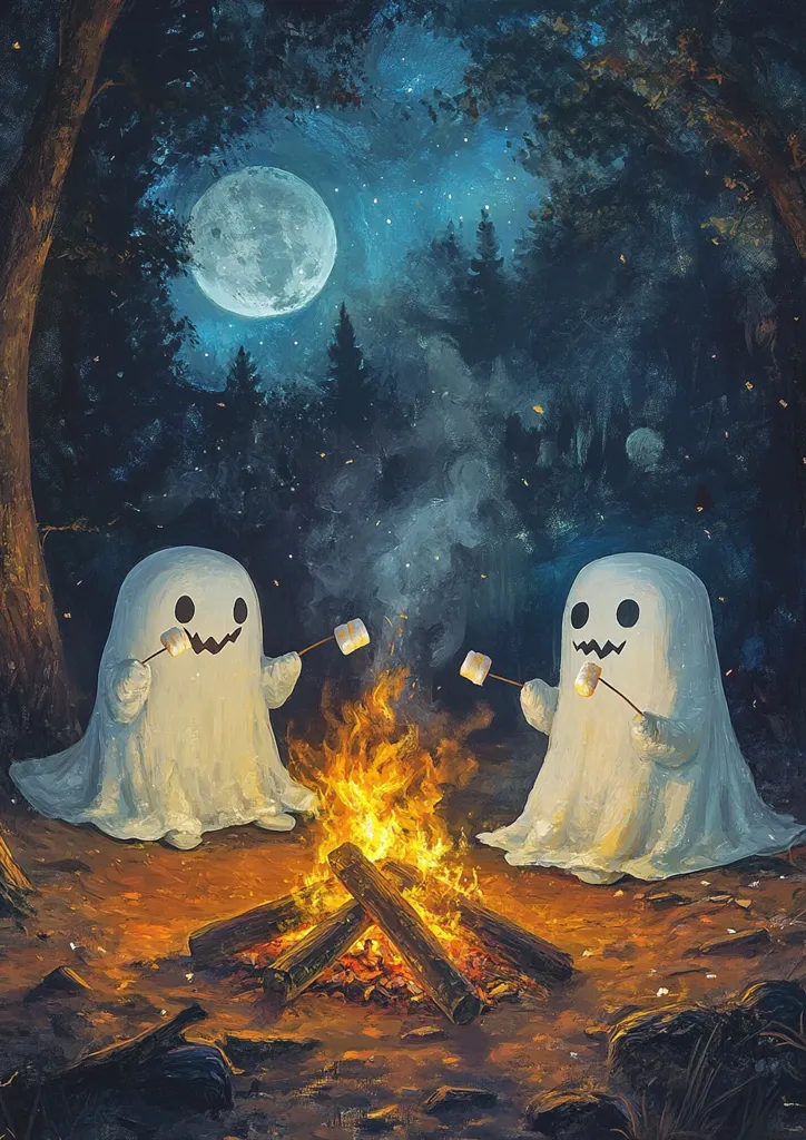 Two friendly ghosts are roasting marshmallows over a bonfire in a forest clearing. The fire is blazing brightly, casting a warm glow on the surrounding trees and a full moon hangs high in the sky. The ghosts are smiling and enjoying their campfire snack.  The scene is whimsical and charming, with a touch of spooky fun.
