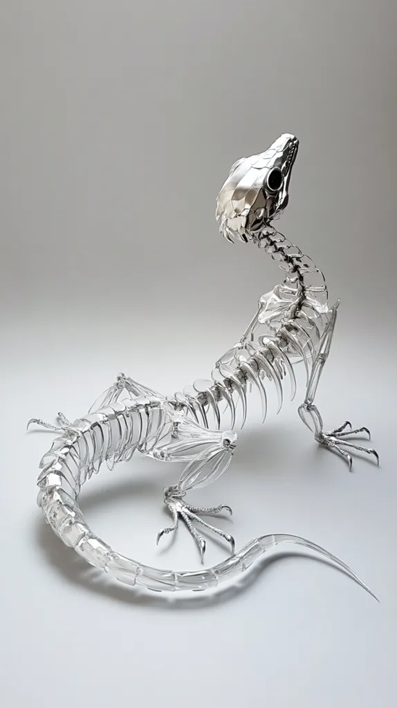 A glass sculpture of a lizard skeleton is depicted. The sculpture is crafted in a realistic manner, capturing the delicate details of the bones. The glass is clear and reflective, lending a sense of fragility to the piece. The lizard is posed in a dynamic stance, with its head tilted upwards and its tail curled beneath it. The sculpture is placed on a simple, white background, emphasizing its delicate beauty.