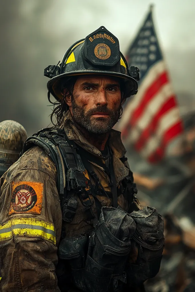 A firefighter in full gear stands in front of a partially obscured American flag. He is covered in grime and soot, likely from battling a fire. His eyes are fixed on the viewer, conveying a sense of determination and resilience. The image captures the grit and sacrifice of firefighters, highlighting their dedication to protecting others.  The focus on the firefighter's face creates a powerful and emotional portrait of a hero.