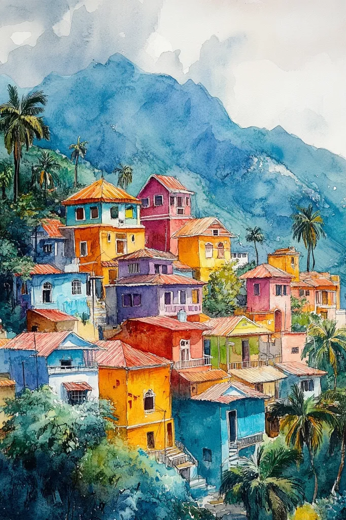 A watercolor painting depicts a vibrant village nestled against a misty mountain backdrop.  Colorful houses, painted in hues of yellow, orange, blue, and red, are clustered together, creating a charming and eclectic scene. Lush green trees and palm trees dot the landscape, adding a touch of tropical beauty. The sky is a soft blend of blue and white, hinting at a passing shower. The overall effect is one of tranquility and beauty.