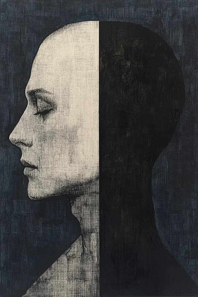 The image is a close-up portrait of a person in profile, their face and neck rendered in a white-on-black style. The background is a dark blue, giving the image a sense of mystery and intrigue. The person's eyes are closed, suggesting a state of contemplation or deep thought. The image's stark contrasts and textured surface create a dramatic and evocative visual experience.