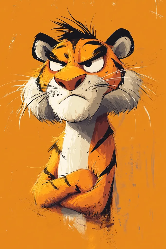 The image depicts a cartoon tiger with a serious expression. The tiger has orange and black stripes, a white chest, and a black mane. The tiger's eyes are narrowed, and its mouth is slightly open, as if it is about to speak. The tiger's arms are crossed, and its body is slightly turned to the side. The background of the image is a plain orange color. The tiger's expression is one of determination and focus. The image is stylized and painted in a slightly rough brush style, adding to the tiger's overall feeling of strength.