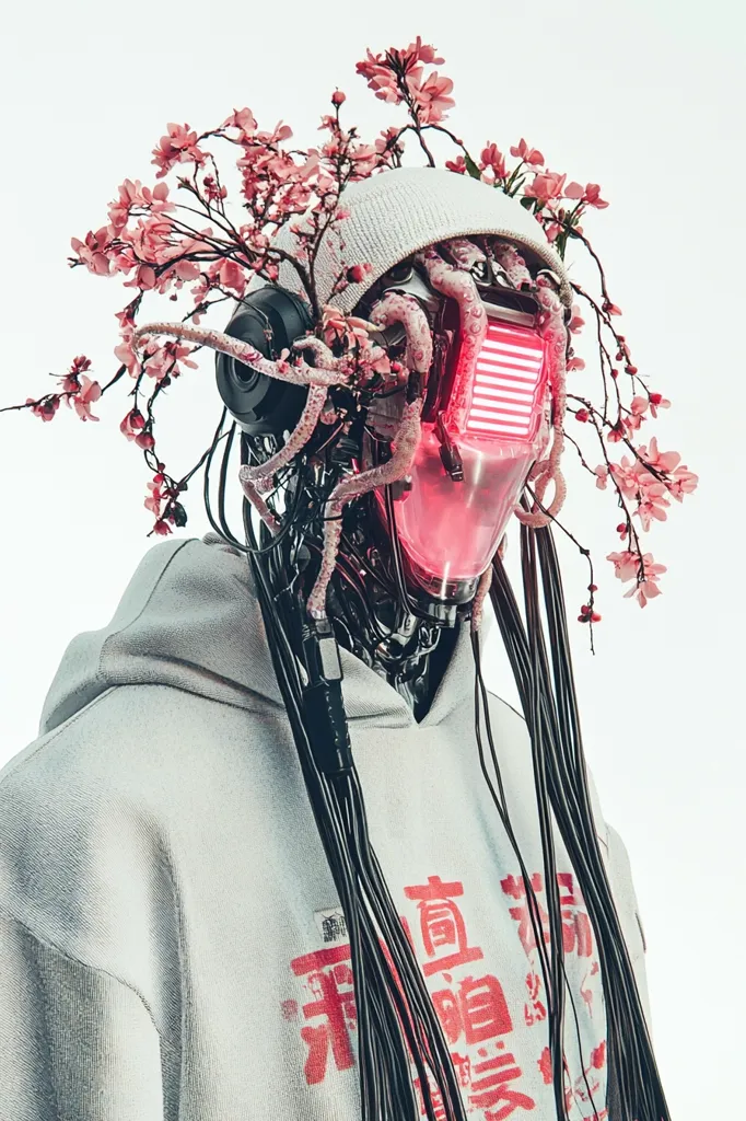 The image features a futuristic, cyborg-like figure with a white hoodie and black cables cascading down their back.  Their head is adorned with a crown of delicate pink blossoms, contrasting sharply with their sleek, mechanical mask that emits a bright, red glow.  The overall aesthetic is a blend of delicate nature and futuristic technology, creating a captivating and thought-provoking image.