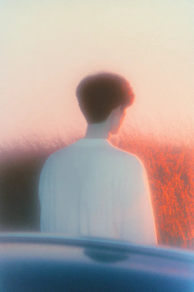 The image shows a person, a young man, standing in front of a sunset. He is wearing a white shirt and is facing away from the viewer. The sunset is a warm orange and pink color, and the man's figure is silhouetted against it. The image is blurred and dreamy, creating a sense of nostalgia and longing. There is also a car in the foreground of the image, the top of the car is obscured by the man's figure.  The image is a soft, ethereal portrait of a person at a moment of transition.  The light is muted and dreamy, creating a sense of peace and solitude. The viewer is left to imagine what the person is thinking or feeling, adding to the mystery of the image.