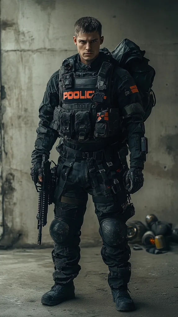 A young man in full tactical gear stands in a dilapidated building. He is wearing a black tactical vest with the word "POLICE" printed in orange on the front. He is holding a rifle in his right hand and has a serious expression on his face. The image is dark and gritty, creating a sense of danger and tension.  The man's attire and posture suggest that he is prepared for combat.